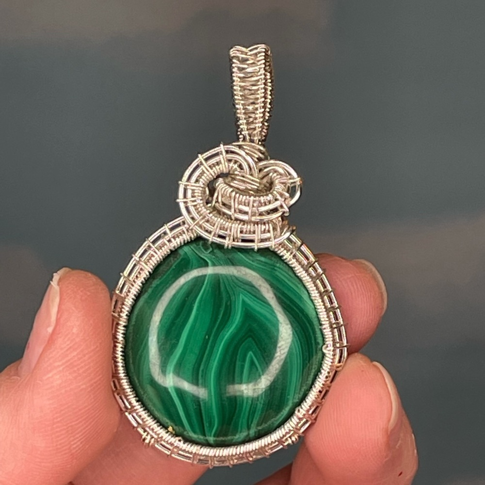 Malachite crystal gemstone and silver plated wire wrapped pendant necklace